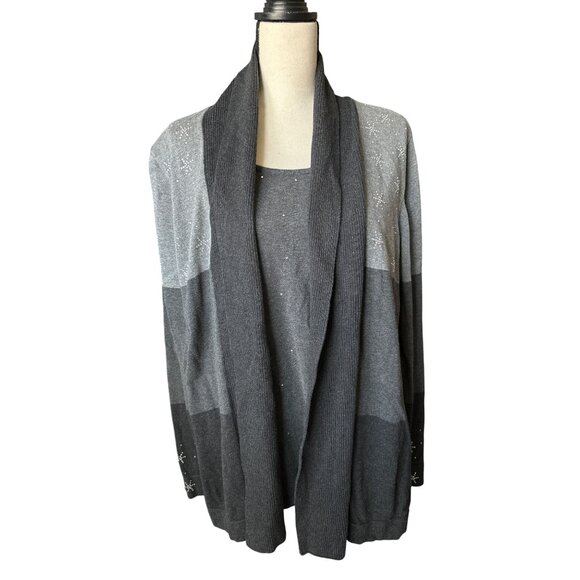 The Quaker Factory Christmas Cardigan Snowflake Rhinestone 2 /1 Gray Sweater XL - Picture 1 of 7